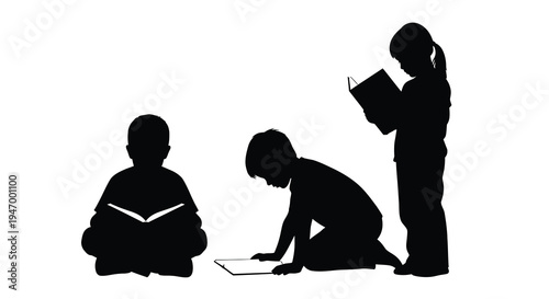 Children reading and learning together depicted in a striking silhouette