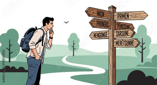 Man with Backpack at Crossroads.