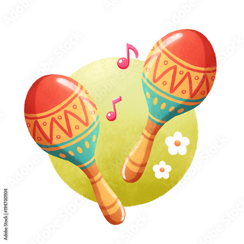 Konstfotografi Cute cartoon maracas with musical notes, kids percussion instrument illustration