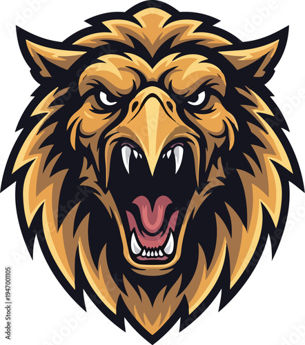 Stylized grinning griffin head illustration