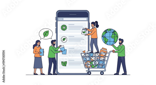 Sustainable E-commerce: People Curating Eco-Friendly Products on Mobile Marketplace with Shopping Cart & Globe
