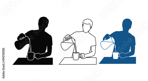 Three men pouring drinks depicted in varying color schemes silhouette