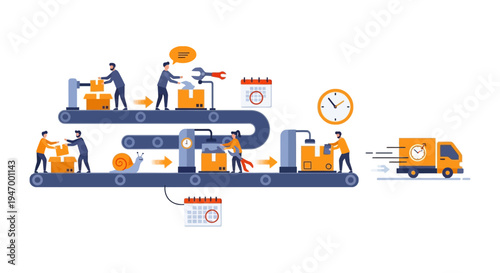 Supply Chain & Logistics Process: Production, Assembly, Packaging, Delivery with Efficiency & Deadline Concepts