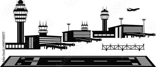 Airport terminal and control tower silhouettes with runway and airplane takeoff, aviation transportation infrastructure vector illustration isolated on white background