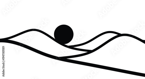 Minimalist landscape with a dark sun rising over rolling hills silhouette