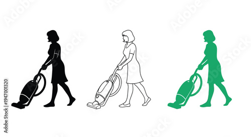 Woman vacuuming illustrated in three color variations a striking silhouette