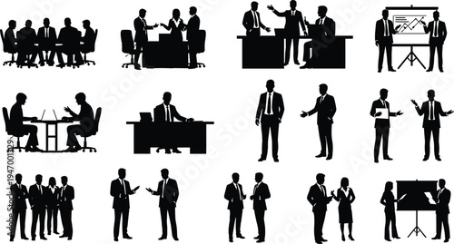 Business meeting and presentation silhouettes collection, corporate team discussion, office workers collaboration and seminar training characters isolated for professional design