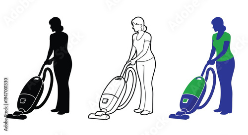 Women vacuuming illustrated in different color schemes a striking silhouette