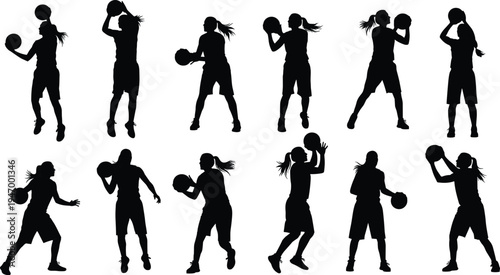 Basketball player silhouettes collection, female athletes dribbling, passing and shooting ball, sport action poses isolated for training and competition design
