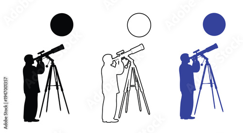 Astronomer observing the night sky with a telescope silhouette
