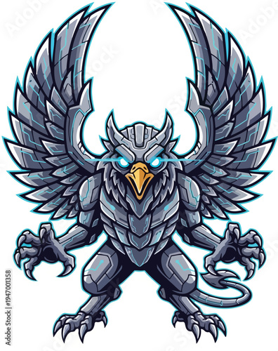 Stylized mechanical griffin illustration with glowing eyes and winged design