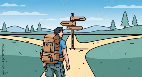 Man with backpack at crossroads.