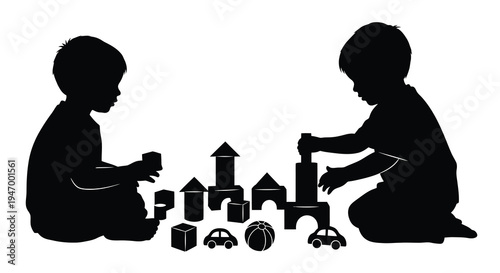 Two young children playing with building blocks a delightful silhouette