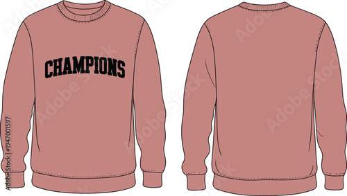 Crewneck sweatshirt mockup with champions typography showing front and back views, casual streetwear apparel design vector illustration template