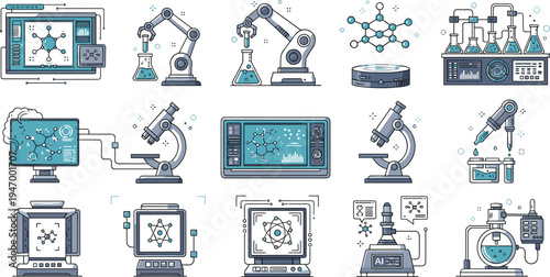 Modern laboratory technology icons set with robotic arm microscope computer analysis molecular research equipment and science innovation illustrations