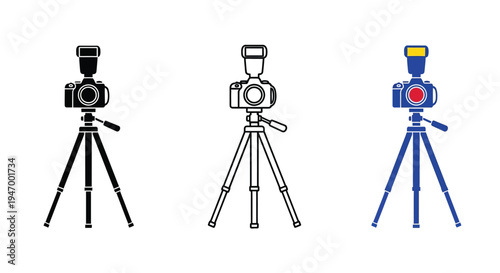 Three camera setups on tripods in varying styles a dark silhouette