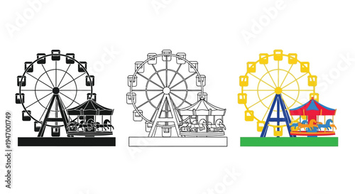 Three variations of a carnival scene featuring a ferris wheel silhouette