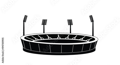 Black and white illustration of a stadium with floodlights silhouette