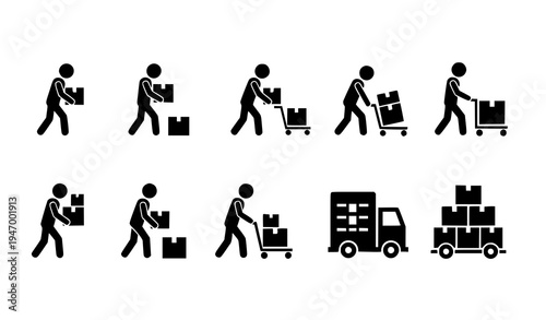Human pictogram icons moving boxes delivery logistics worker symbol vector set