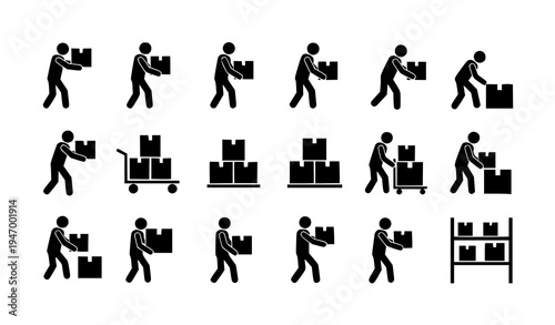Man moving box pictogram icon set human lifting carrying package symbols vector