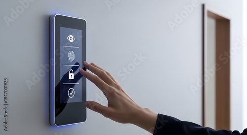 Hand using smart home energy control panel with solar battery icons