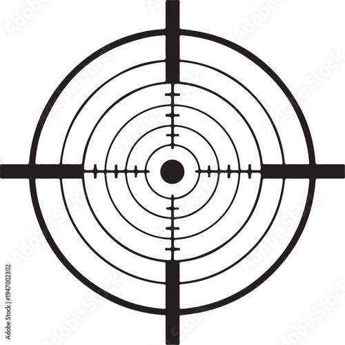 A black and white image of a rifle scope target with concentric circles and crosshairs