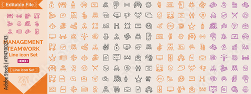 Management and Teamwork icon set. Business team building, Work group and cooperation and collaboration icons minimal thin line web icon set. Outline icons collection. Vector illustration