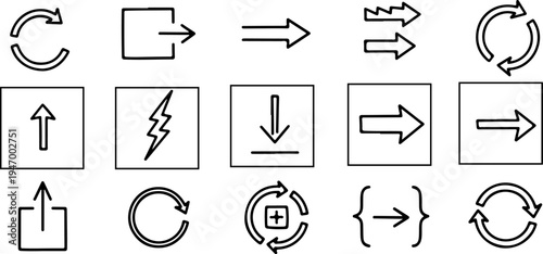 Line arrows icon set – thin line vector arrow icons with editable stroke for refresh, recycle, sync, repeat, reload, exchange, share, upload, download, login and external link icons.eps