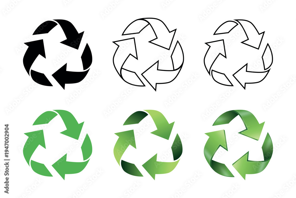Obraz premium Recycling Symbol Set, Vector Illustration. Eco Recycle Arrows Icons in Black Outline and Green. Circular Reduce Reuse Recycle Sign for Environmental Label, Waste Sorting and Sustainability Design