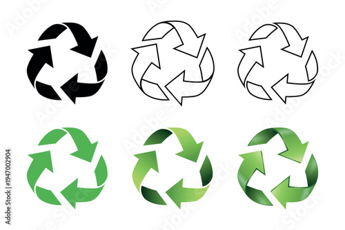 Recycling Symbol Set, Vector Illustration. Eco Recycle Arrows Icons in Black Outline and Green. Circular Reduce Reuse Recycle Sign for Environmental Label, Waste Sorting and Sustainability Design