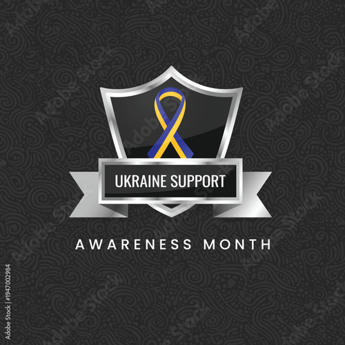 Professional 3D silver shield with a yellow and blue awareness ribbon for Ukraine support. Vector design for solidarity, peace, and humanitarian aid campaigns.