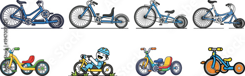 Recumbent Bicycle and Kids Tricycle Vector Illustration Set – Cartoon and Realistic Bike Collection