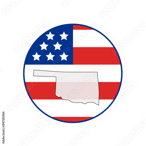 Oklahoma state map over USA flag badge. Oklahoma state map silhouette overlaid with the United States flag.