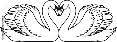 A black and white illustration of two swans forming a heart with their necks facing each other in a romantic gesture