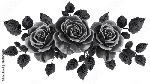 Three black and white roses are in full bloom with many leaves, intricate vector art