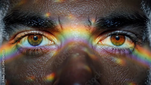 Mans brown eyes reflecting rainbow light in close-up sequence. Prism effect creates colorful spectrum across gaze. Vision of diversity and hope through facial features.