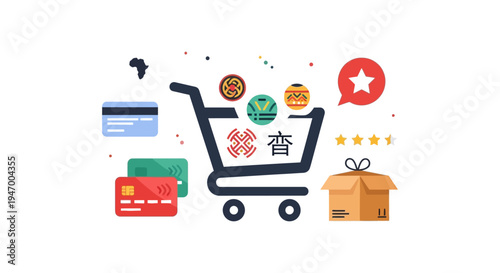 Global E-commerce Concept: Online Shopping, Secure Payment, Worldwide Delivery & Customer Experience Illustration