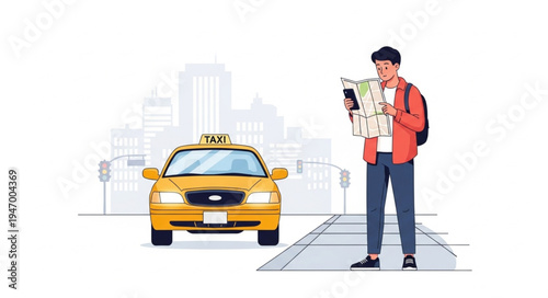 Man with backpack looking map.