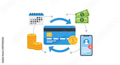 Credit Card Financial Transactions & Digital Payment System. Mobile Banking, Recurring Billing, Money Management, and Online Payments Flow Illustration.