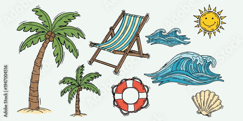 Set of flat color hand drawn beach icons with deck chair, palm trees, ocean waves, lifebuoy and smiling sun