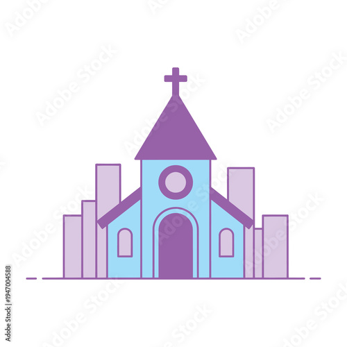 Obraz na plátně Purple and blue illustrated church facade with cross on top and minimalistic des