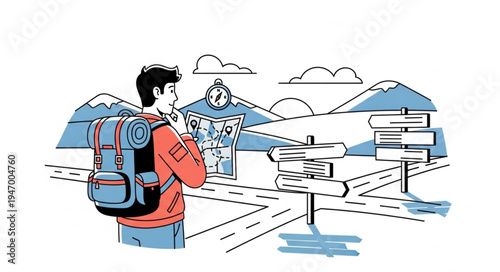 Man with Backpack on Road.