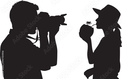 A photographer captures a woman enjoying a tropical coconut drink