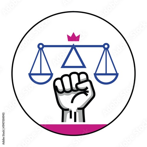 Clenched fist rising above balanced scales with crown symbolizing justice strength and empowerment