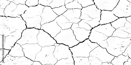 Cracked, parched earth texture in black and white with bold fissures and dry, fragmented patterns—ideal for desert, drought, or climate crisis visuals in design, illustration, or concept art.	