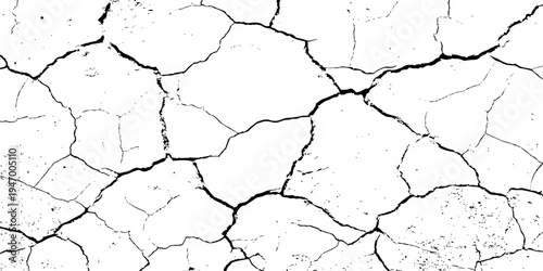 A high-contrast, black and white texture overlay of extensively cracked and distressed dry ground, featuring jagged, organic fissures and subtle granular details against a stark white background.	