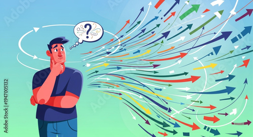 Man with confused thought arrows.