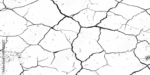 A high-contrast, black and white texture overlay of extensively cracked and distressed dry ground, featuring jagged, organic fissures and subtle granular details against a stark white background.	