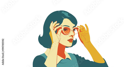 Woman adjusting sunglasses with vibrant colors and graphic style