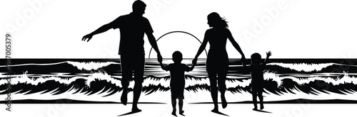 Silhouetted family of four enjoying a sunset walk on the beach